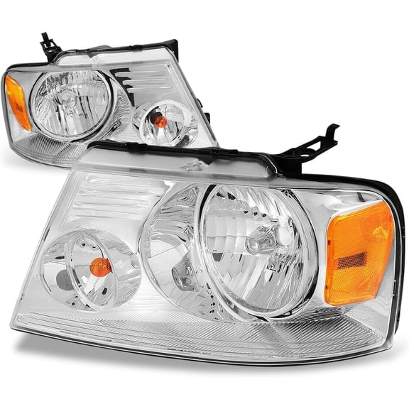 HUICHENG Headlights Assembly for 2004-2008 Ford F-150 & Lincoln Mark LT, Halogen, Chrome Housing Amber Corner, Driver & Passenger Side