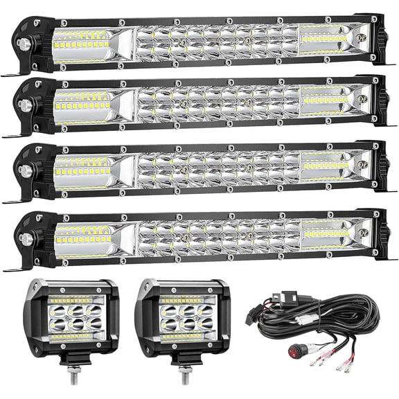 HUICHENG LED Light Bar Kit with (4) 12 Inch Slim Light Bars, (2) 4 Inch LED Pods, (1) Wiring Harness, (1) 24V Relay, Waterproof Work Lights for Truck ATV UTV RV Ezgo Golf Cart