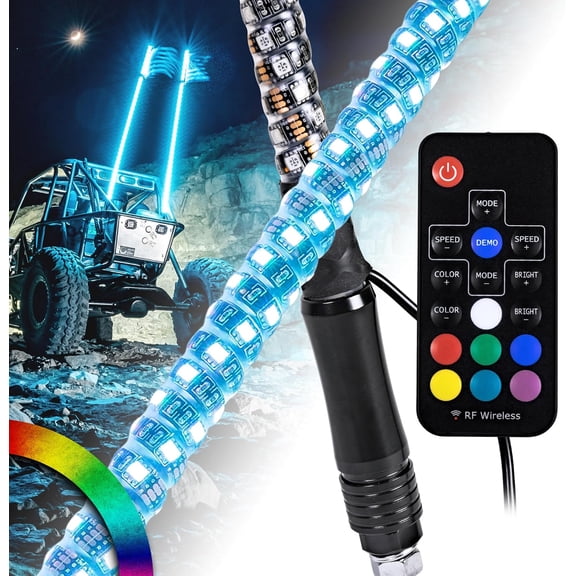 HUICHENG True Mods 2pc 5ft Spiral RGB LED Whip Light for UTV ATV RF Remote, Flag, Waterproof Fits RZR Can-Am Polaris SxS 4x4