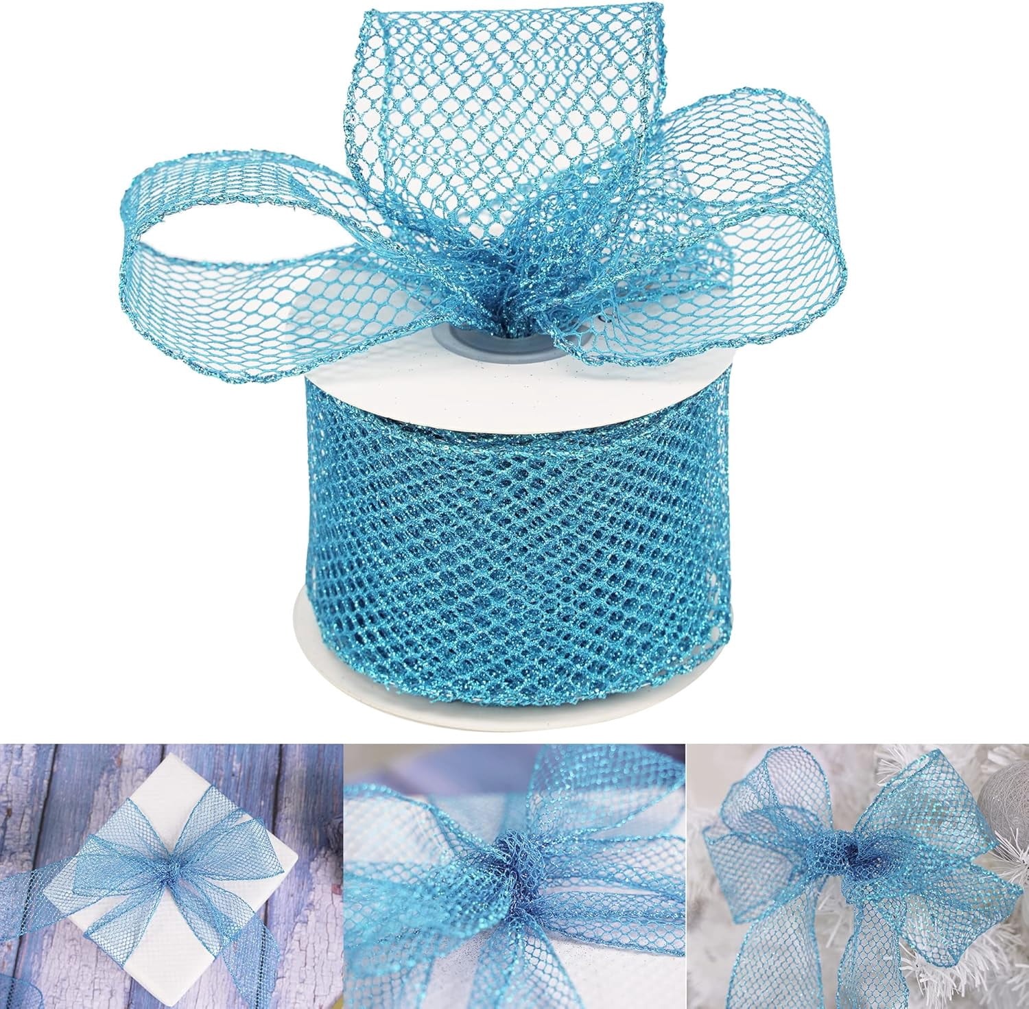 HUIHUANG Glitter Mesh Ribbon Green Web Mesh Wired Ribbon Metallic Mesh ...