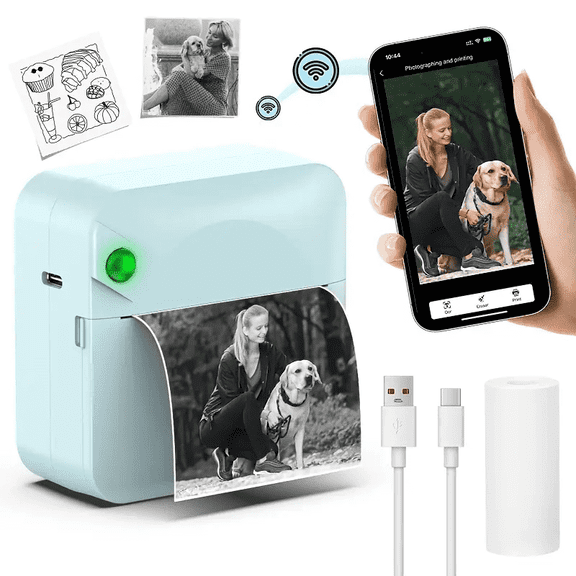 HUIJUKEJI Mini printer, pocket printer, inkless sticker printer, mini thermal printer with 1 roll of thermal paper, wireless pocket printer, smart portable receipt printer, suitable for photos
