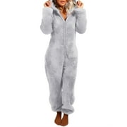 HUIJZG Women Fleece One Piece Zipper Hooded Jumpsuit Loose Long Sleeve Thick Plush Sleepwear Romper Pajamas Playsuit with Bear Ear Hat