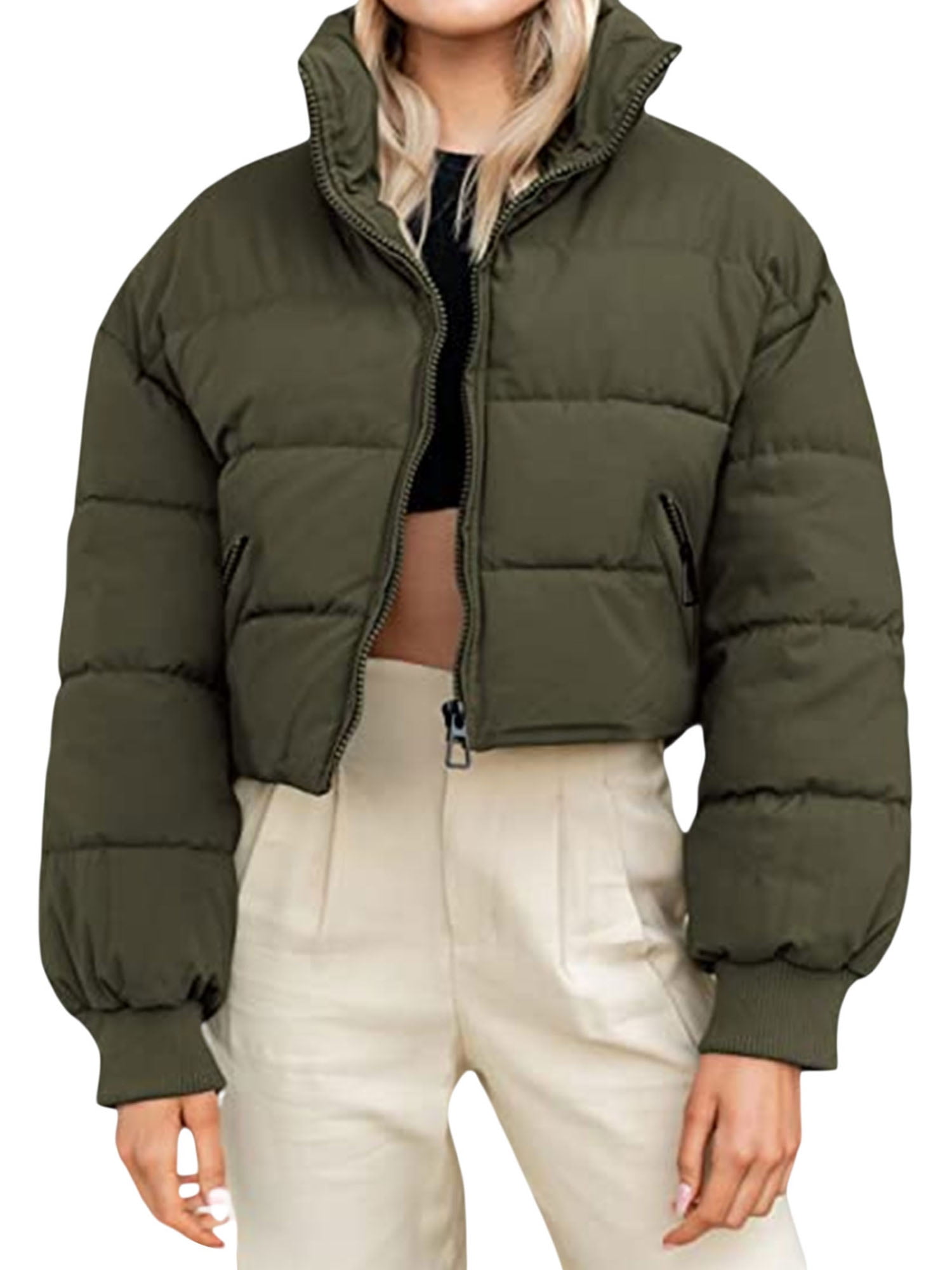 Flygo Women's Cropped Puffer Jacket Zip Up Stand Collar Padded Winter Down  Coat(ArmyGreen-XS) at  Women's Coats Shop