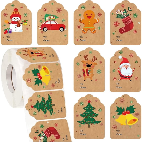HUILAI Kraft-Style Christmas To/From Tag Stickers, 1.57 x 2.36 in, 500 Labels Per Roll, 1000 Count, 2 Pack