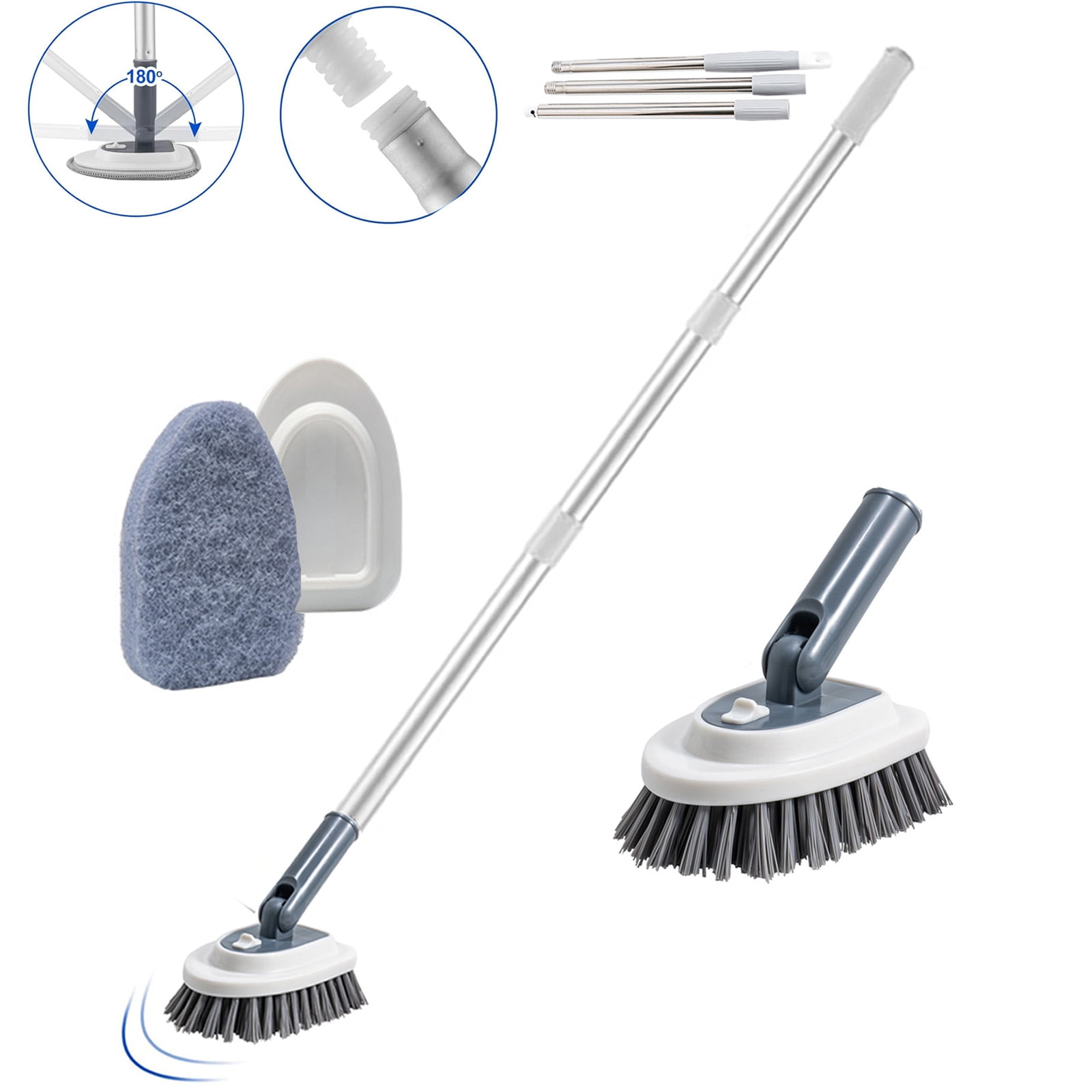 HUIMART 2in1 Tile Tub Scrubber with 50'' Extendable Long Handle Stiff Bristles Scouring Pads