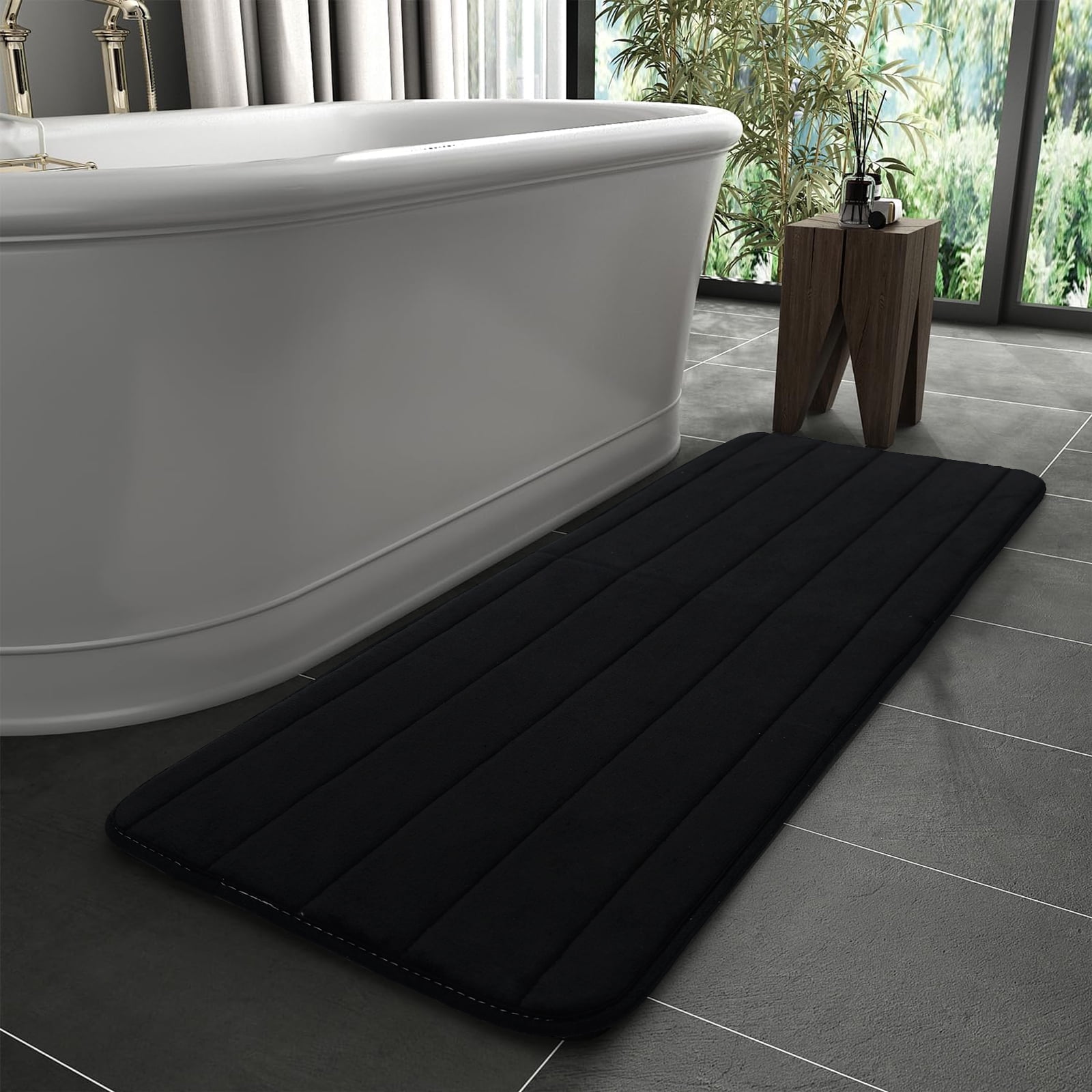 SUSUZI 47" x 16" Bathroom Rugs Absorbent Memory Foam Mat Comfort Non-Slip Rubber Back Soft Indoor Runner Rug Bedroom Floor Shower Rug, Black