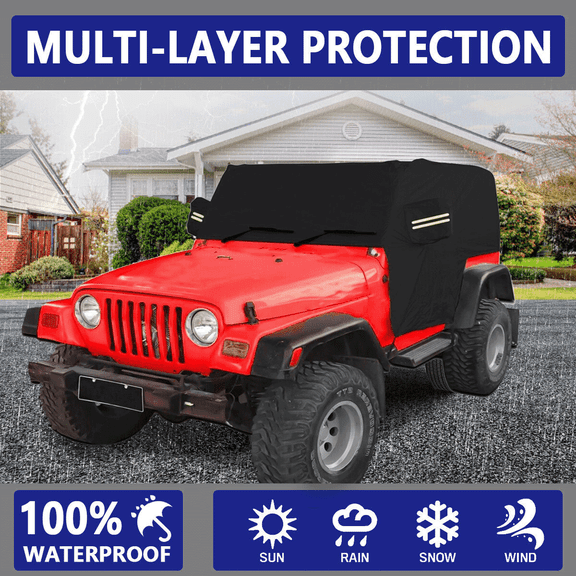 HUIMART Car Cover Waterproof Car Cab Cover for Jeep Wrangler 2 Doors, Heavy Duty Half Car Cover Protect from Snow Rain Hail Sunshine, Fit for Jeep Wrangler CJ YJ TJ and JK 2 Door