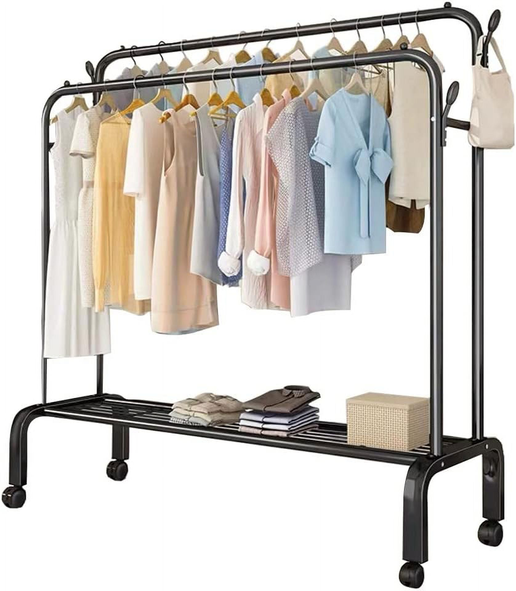 HUIMART Movable Double Rods Garment Rack with 6 Hooks and Wheels ...