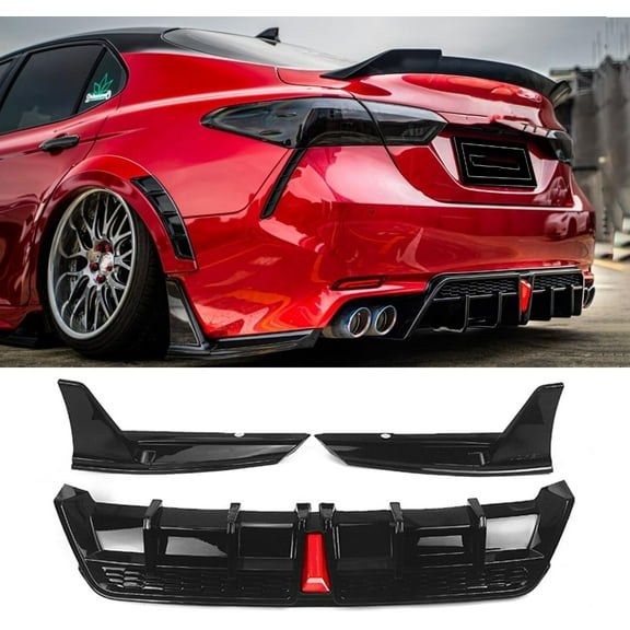 HUIMART Rear Diffuser Lip Compatibility with 2018-2023 Camry SE XSE V2 LED Rear Bumper Diffuser & Corner Extension Gloss Black