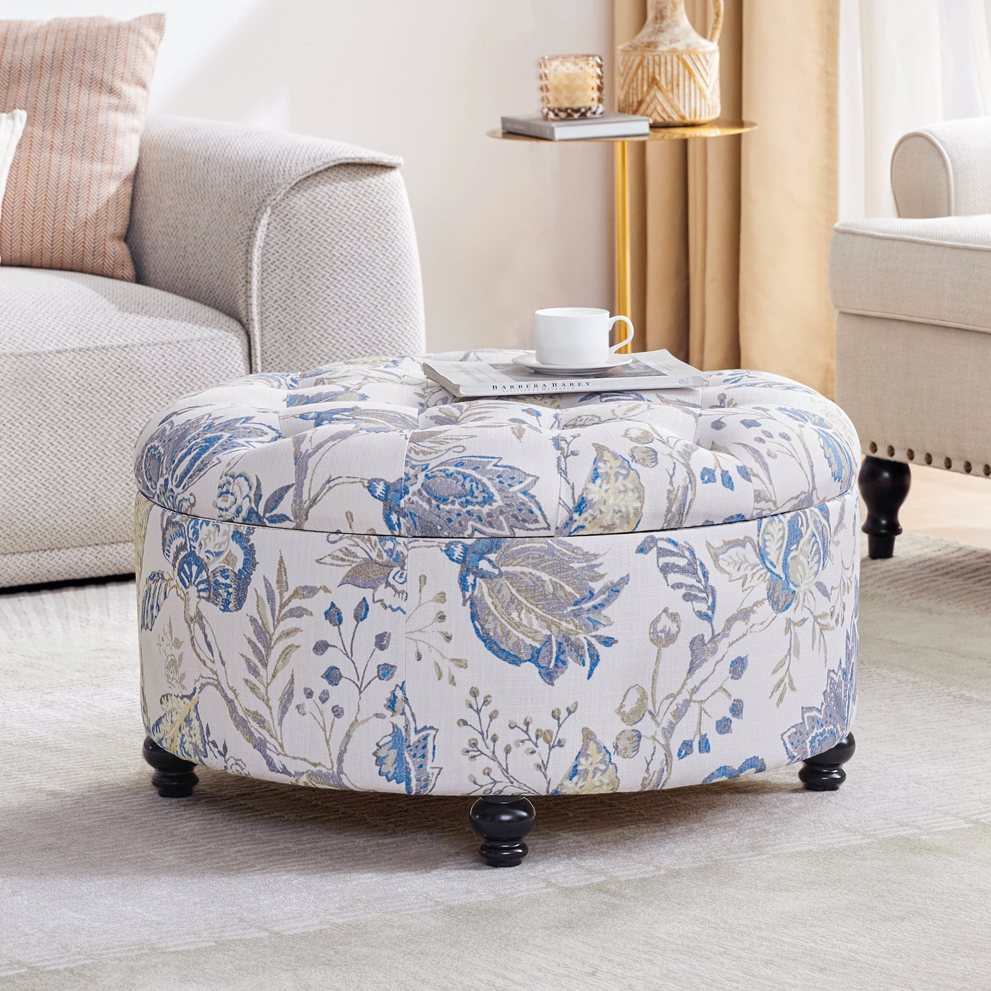 HUIMO 30.1-Inch Round Storage Ottoman, Upholstered Button Tufted 