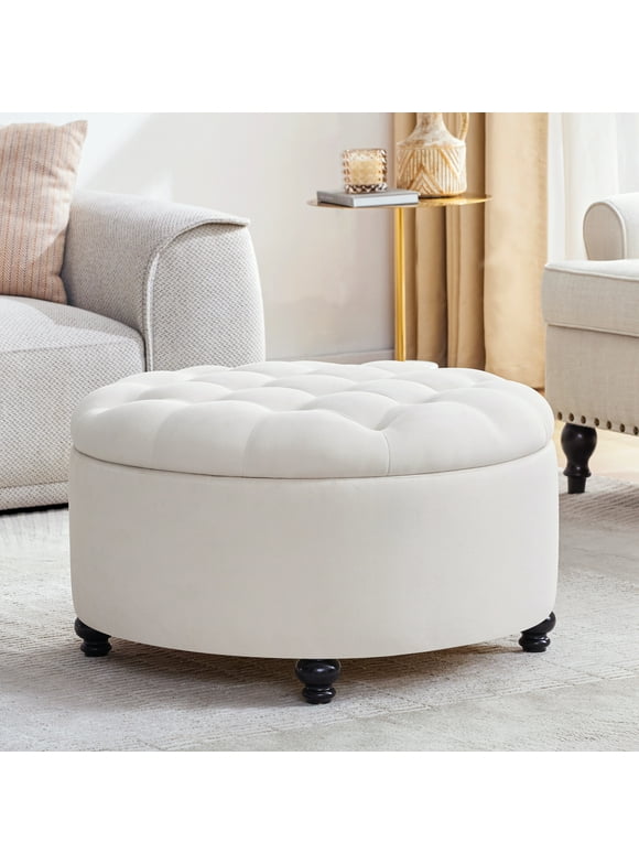 HUIMO 30.1-Inch Round Storage Ottoman, Upholstered Button Tufted Ottoman Coffee Table with Solid Wood Legs, Linen Fabric Ottoman with Storage Footrest Stool with Removable Lid, for Living room, Beige