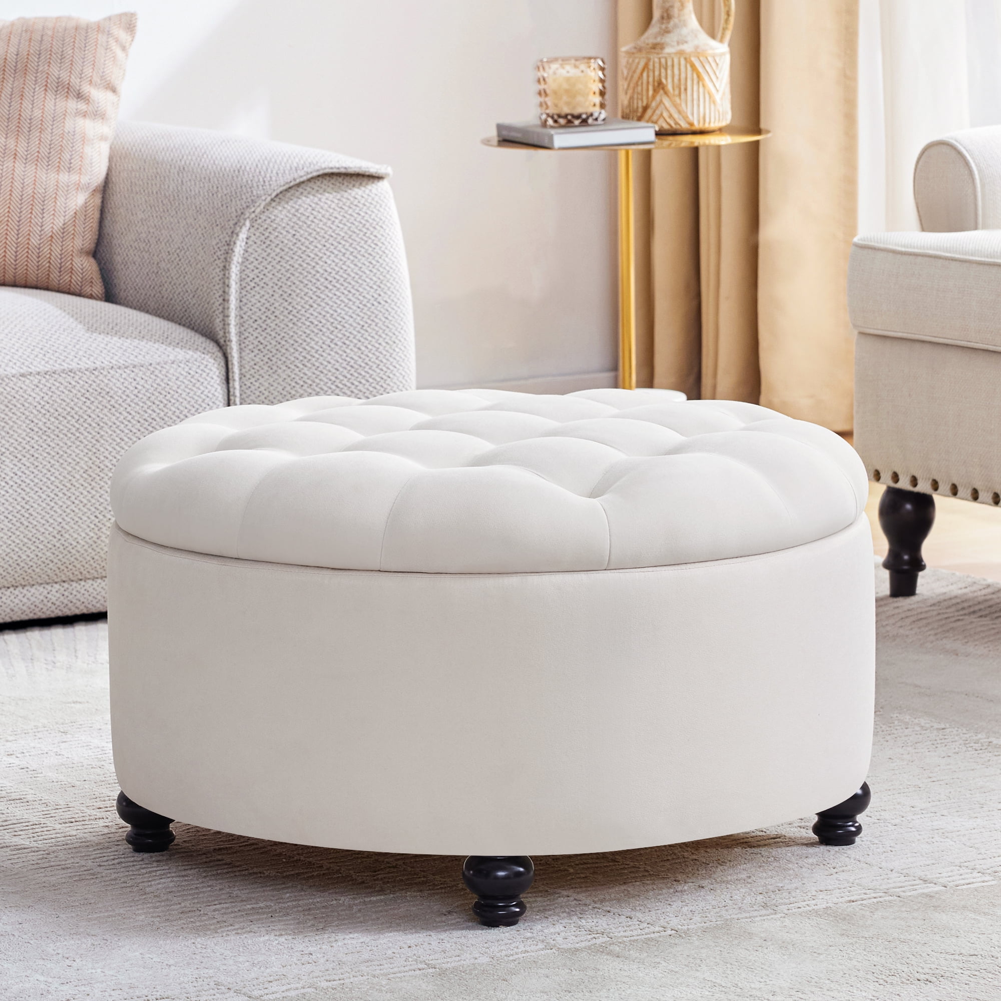 HUIMO 30-Inch Round Storage Ottoman, Upholstered Button Tufted Ottoman ...