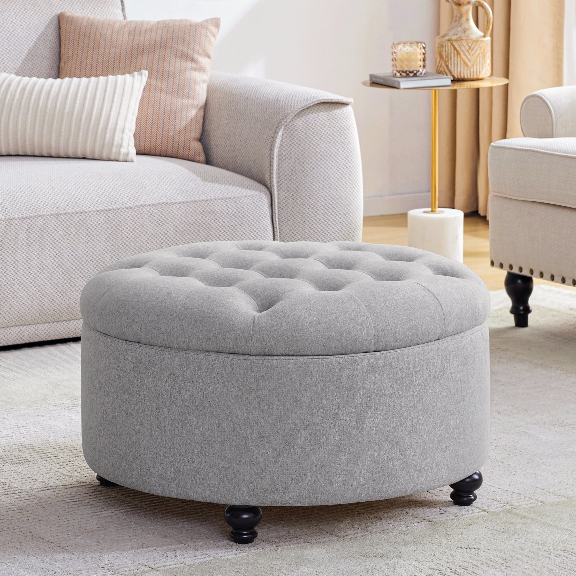 Dark Gray Round Storage Ottoman Foot Rest Upholstered Pleated