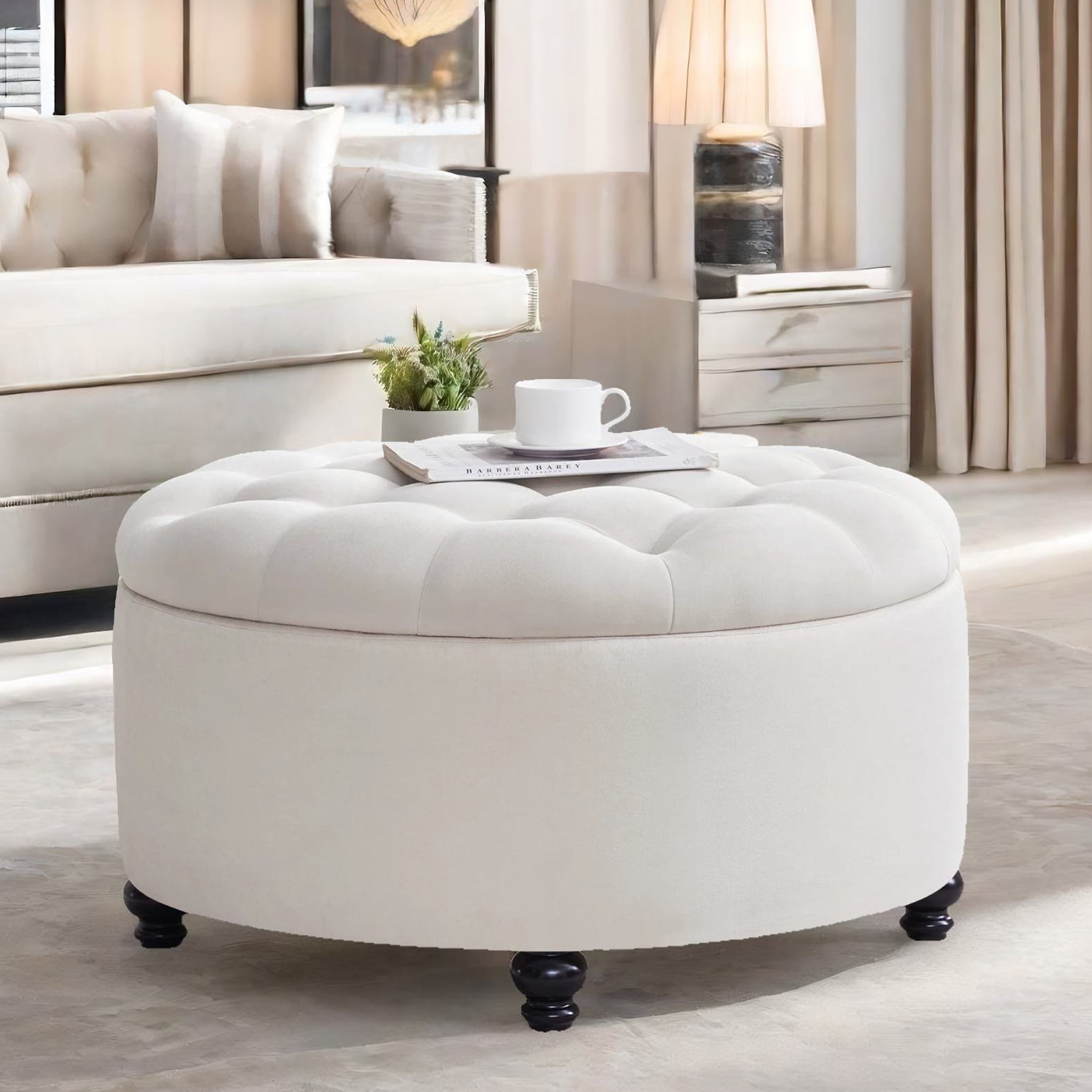 HUIMO 30" Large Round Storage Ottoman Footstool, Upholstered Button