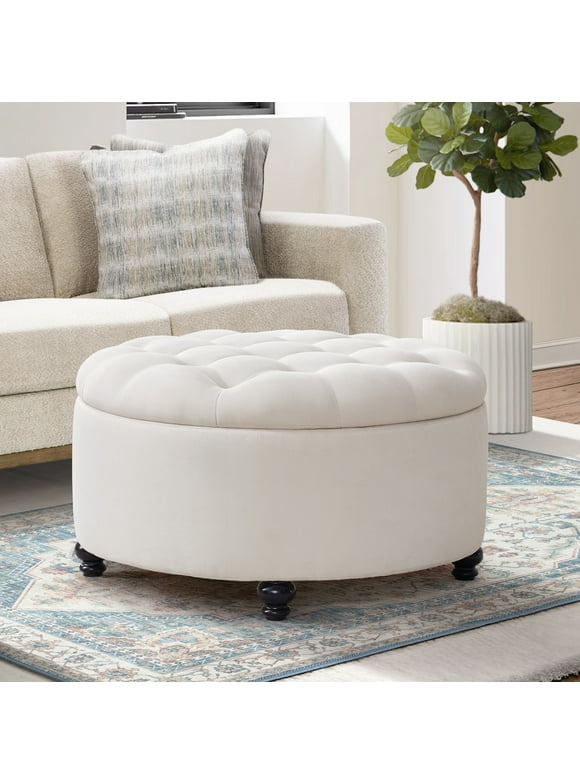 HUIMO 30" Large Round Storage Ottoman Footstool, Upholstered Button Tufted Ottoman Coffee Table, Ottoman with Storage for Living Room & Bedroom (Beige)