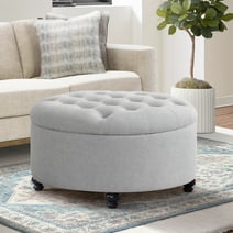 HUIMO 30" Large Round Storage Ottoman Footstool, Upholstered Button Tufted Ottoman Coffee Table, Ottoman with Storage for Living Room & Bedroom (Gray)