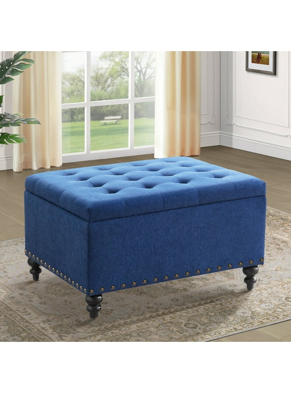 HUIMO 30" Large Square Coffee Table Lift Top Storage Ottoman Bench in Upholstered Tufted Toy Box, For the Living Room, Bedroom (Blue)