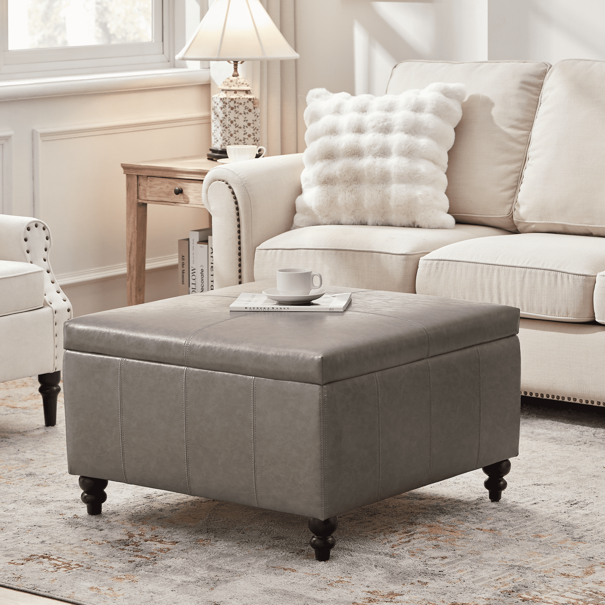 HUIMO 30" Large Square Storage Ottoman Bench, Mid-Century Modern ...