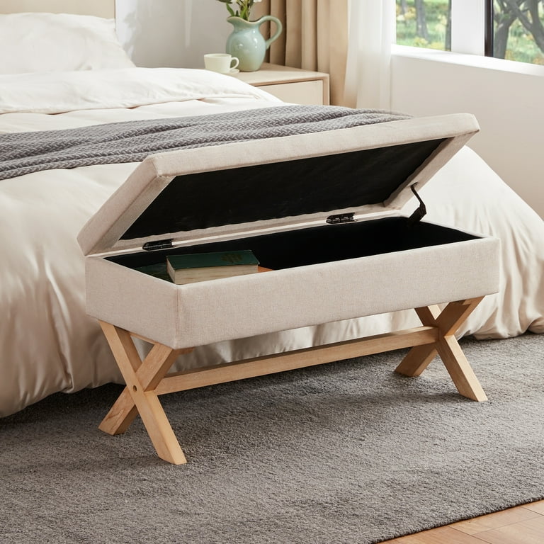 HUIMO 36 inch Storage Entryway Bench Upholstered End of Bed Bench with X Shaped Legs for Living Room Bedroom. Storage Ottoman Bench with Safety