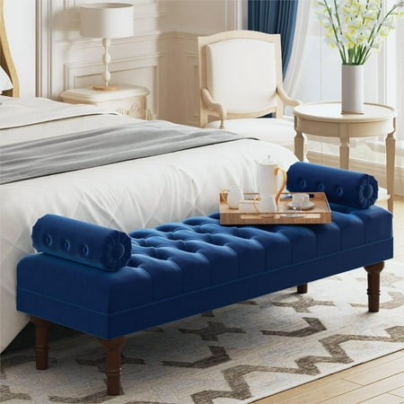 HUIMO 60.2" Bedroom Bench,Large Size Velvet Bench for End of Bed,Upholstered Mid-Century Modern Bench with Button-Tufted,Entryway Bench,Storage Bench for Living Room(Blue)