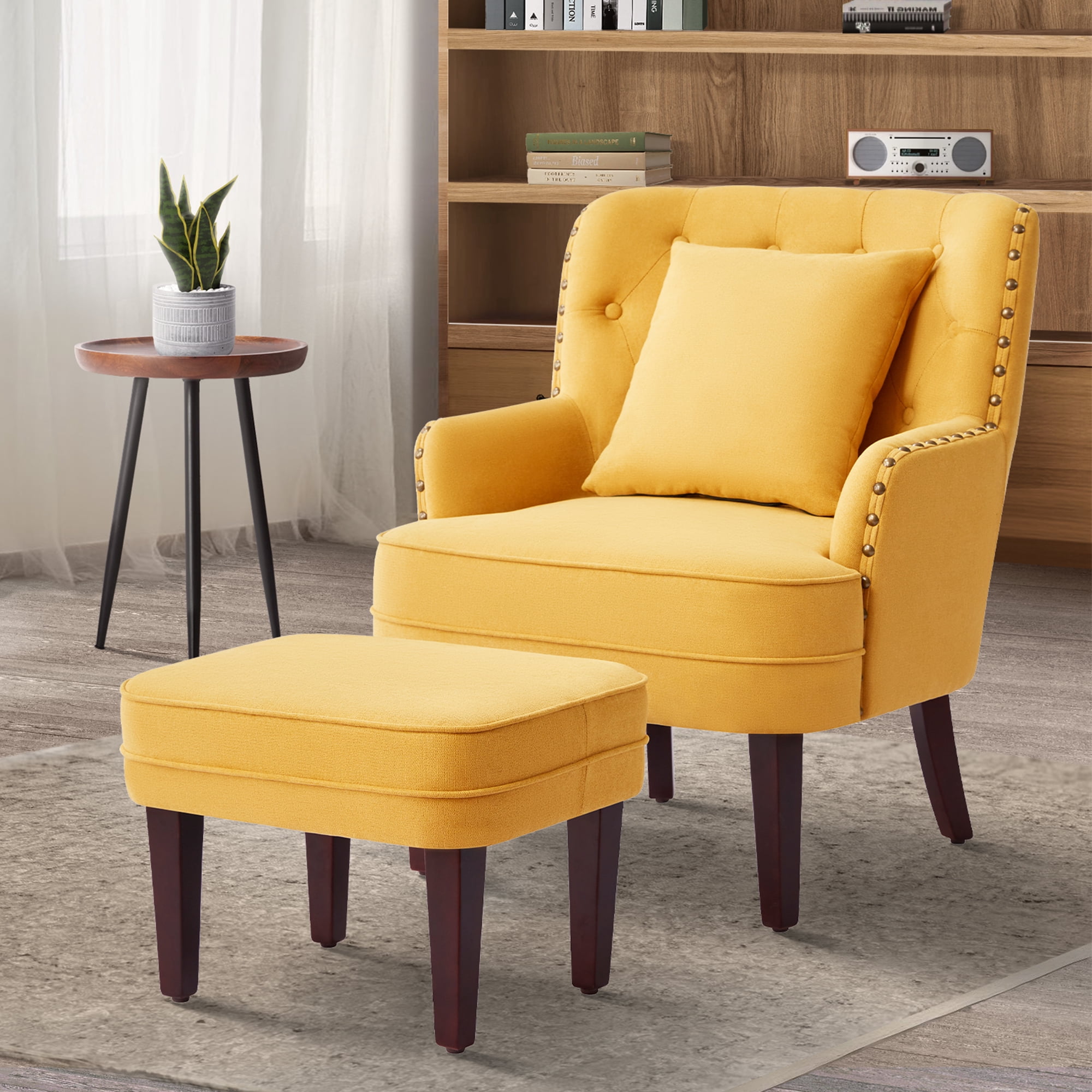 HUIMO Overstuffed Armchair and Ottoman Set, Linen Upholstered Mid