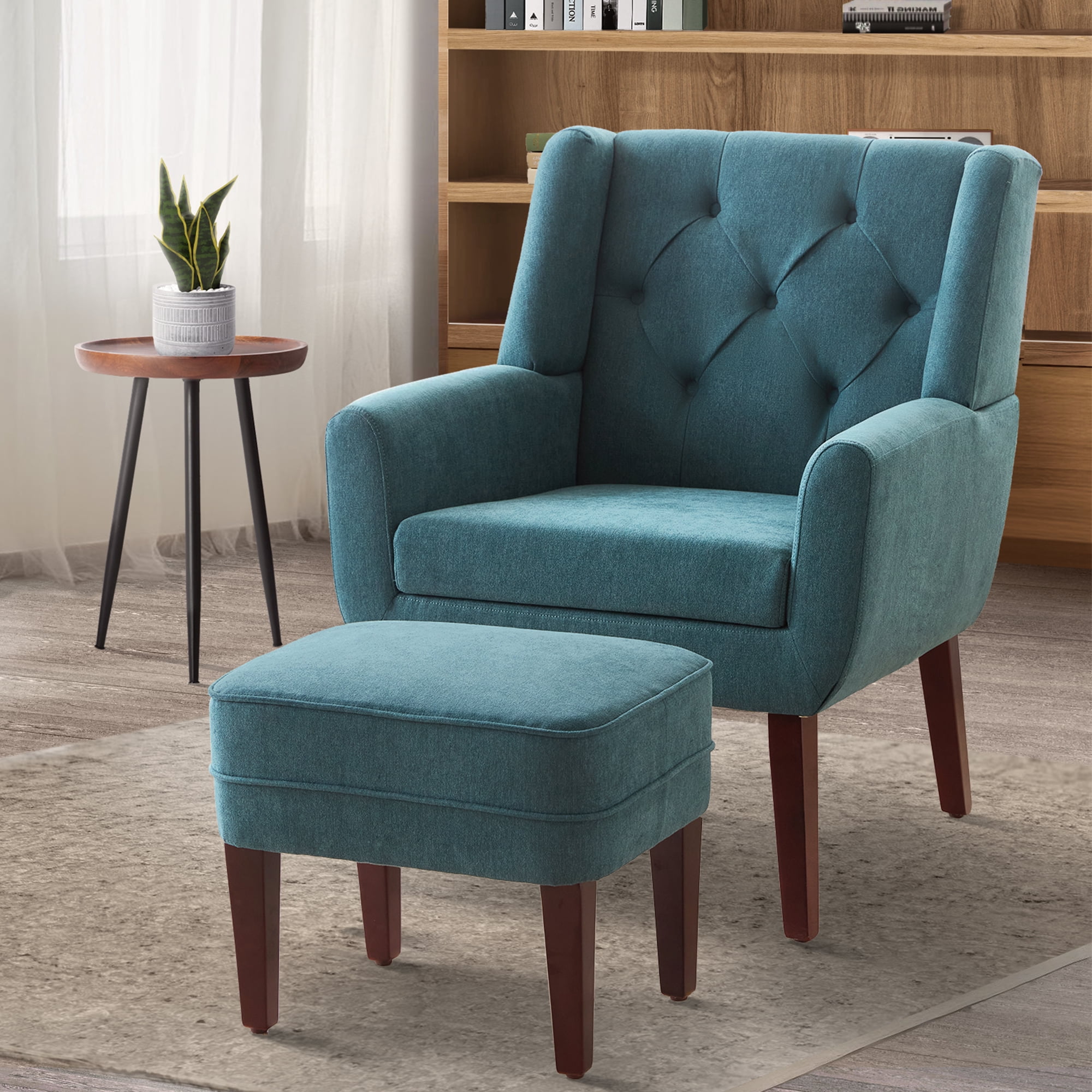 HUIMO Accent Chair with Ottoman,Mid Century Modern Upholstered Button Tufted Armchair, Linen Fabric Sofa Comfy Reading Chairs for Living Room, Bedroom,Reception Room(Dark Teal)