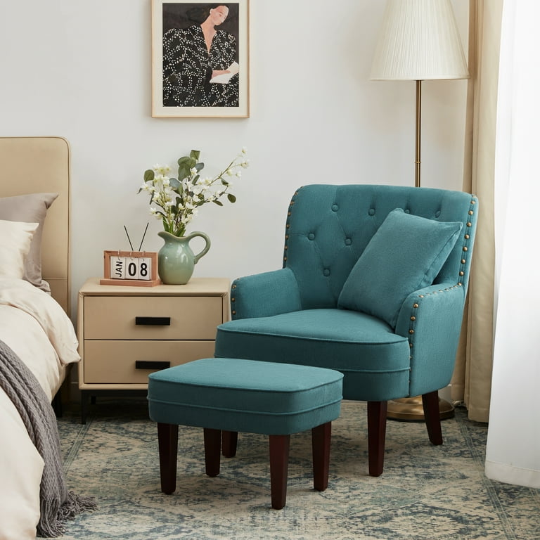 Huimo Accent Chair with Ottoman and Pillow Club Chair and Ottoman Set with Bronzer Nail Head Trim Wooden Legs Comfy Reading Armchair with Button