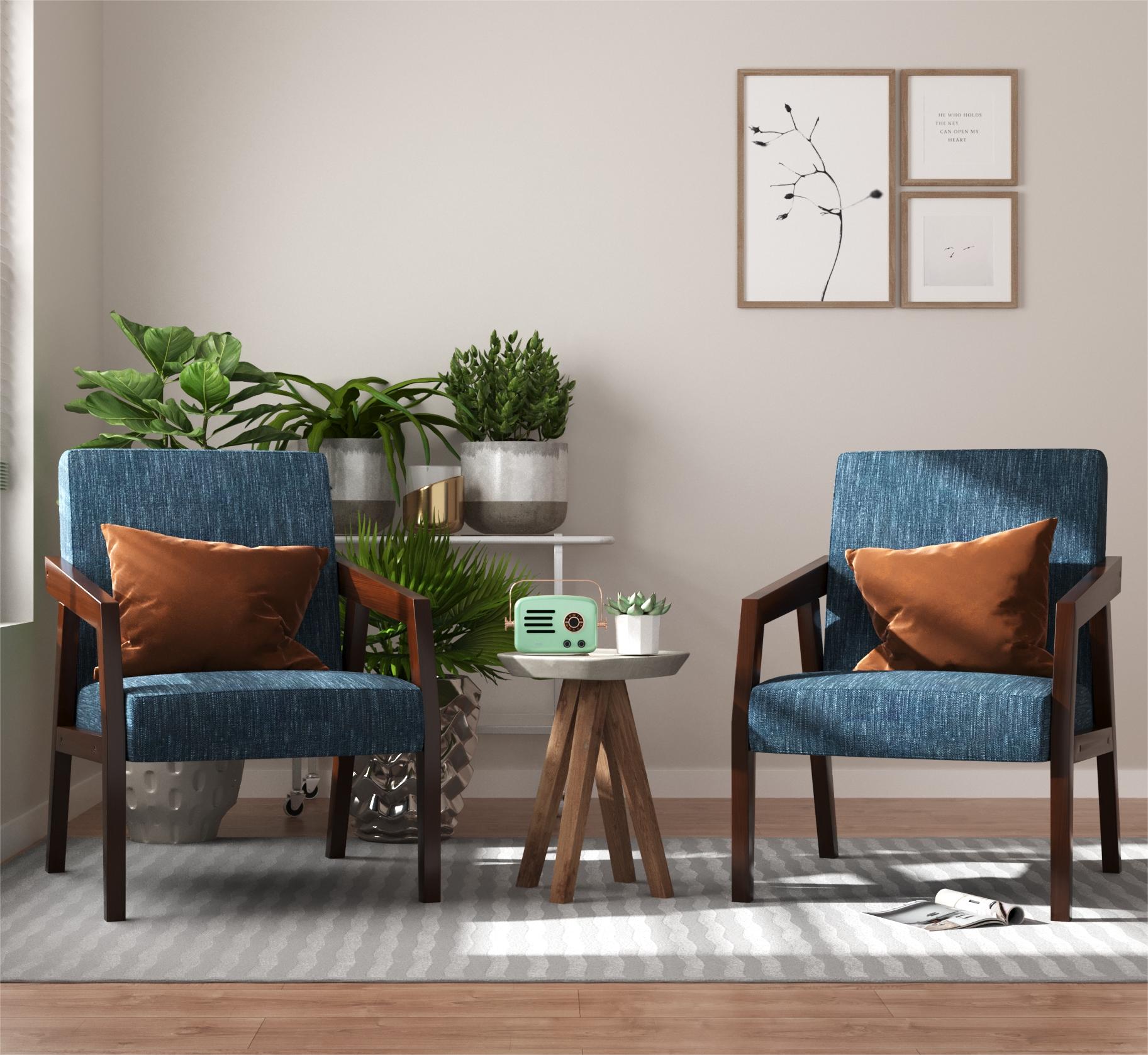 HUIMO Accent Chair Set of 2, Arm Chair, Wooden Mid-Century Modern Chair, Side Chair, Elegant Upholstered Lounge Chair for Living Room, Bedroom, Linen Fabric Padded Reading Chair(Blue)