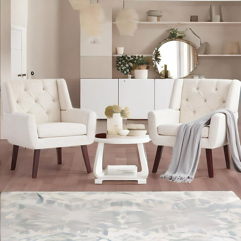 HUIMO Accent Chair Upholstered Button Tufted Armchair Mid Century Modern Comfy Reading Chair Linen Fabric Sofa Chairs for Bedroom Living Room Set of 2 Beige Walmart