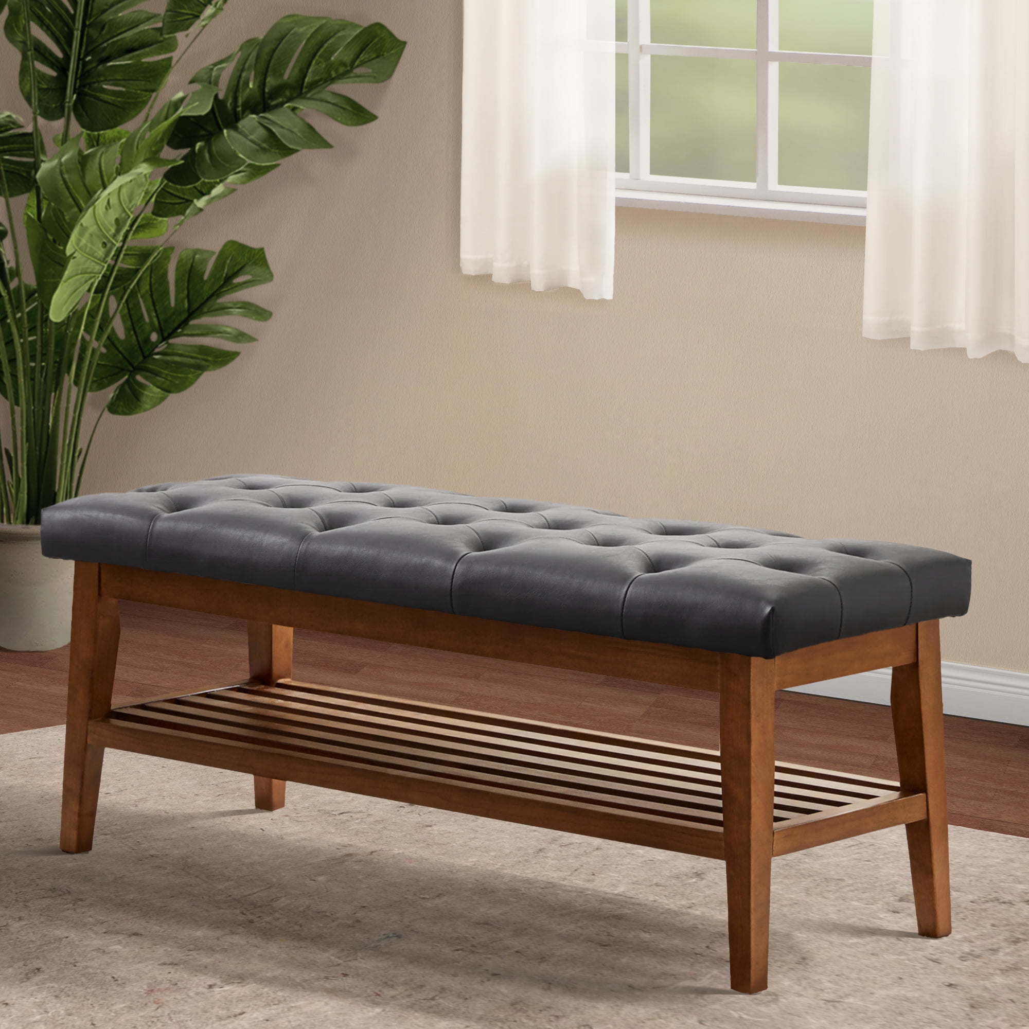 HUIMO ButtonTufted Shoe Bench, Upholstered Ottoman Bench Leather