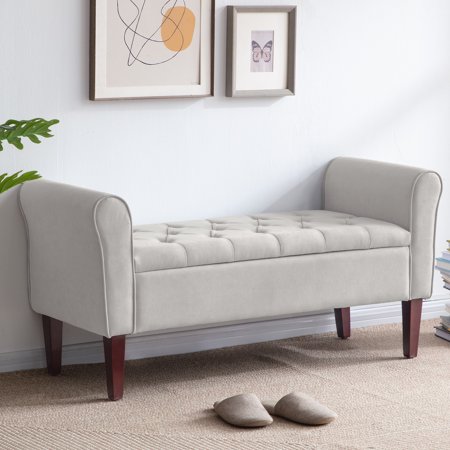 HUIMO Button-Tufted Storage Bench with Arm,Storage Ottoman with 7.5-inch Solid Wood Legs,Upholstered Window Sitting Bench for Bedroom,End of Bed Bench Indoor, Livingroom, Entryway,(Light Grey)