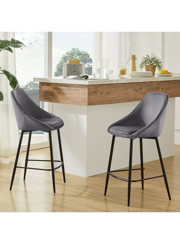 HUIMO Counter Height Bar Stools Set of 2, 26" Seat Height Velvet Barstools with Back and Metal Legs, Upholstered Modern Bar Stools for Kitchen Island, Home Bar, Bar Pub (Grey)