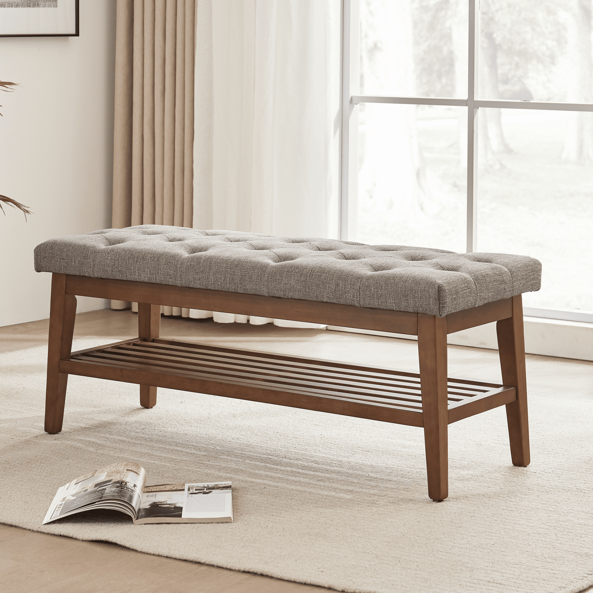 Tufted bench with shelf hotsell