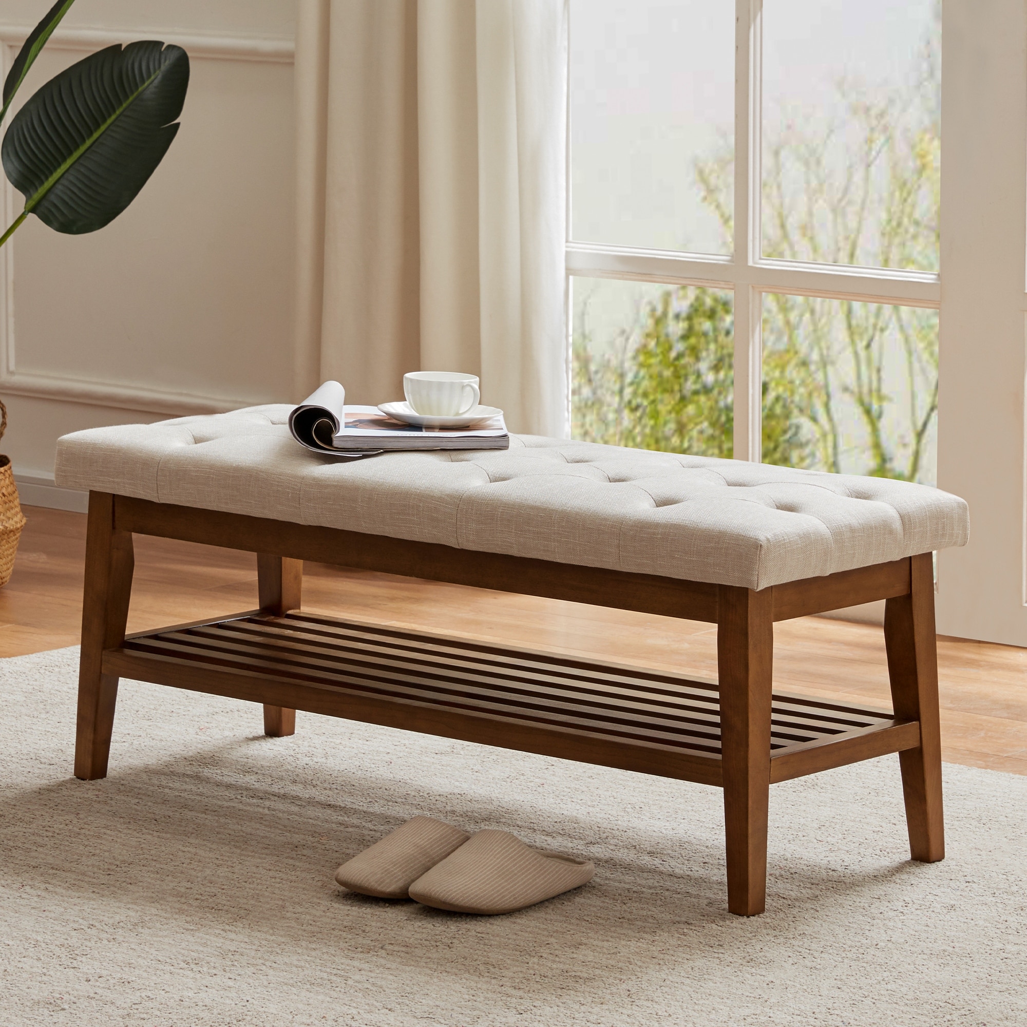 HUIMO Entryway Shoe Bench Fabric Solid Wood, 43inch Upholstered Bench