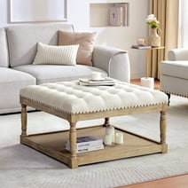 HUIMO Large Square Ottoman Coffee Table for Living Room, Upholstered Button Tufted Linen Footrest Storage Ottoman with Solid Wood Shelf, Footrest Stool (Beige)