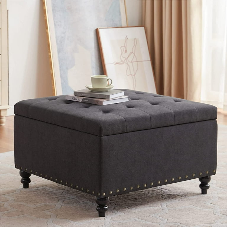 HUIMO Large Square Storage Ottoman Bench 30 inch Wide Storage Bench Coffee Table with Tufted Oversized for Living Room Dark Grey