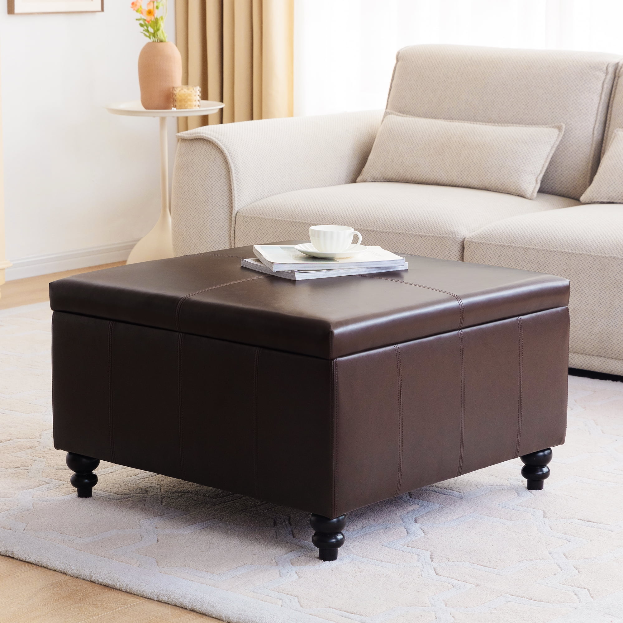 HUIMO Large Square Storage Ottoman Bench, Tufted Upholstered Coffee