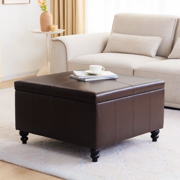 HUIMO Large Square Storage Ottoman Bench, Tufted Upholstered Coffee