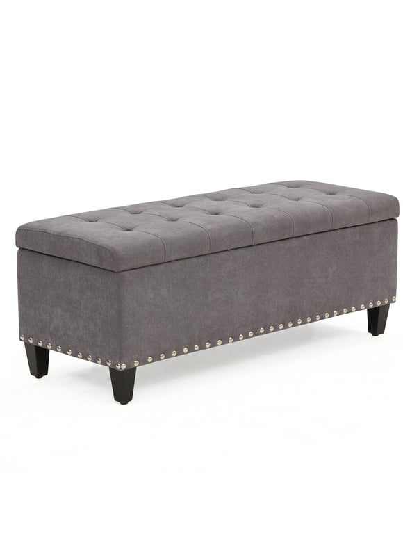 HUIMO Large Storage Ottoman, 41-inch Button-Tufted Upholstered Ottoman with Safety Hinge, End of Bed Storage Bench for Entryway, Living Room (Grey)
