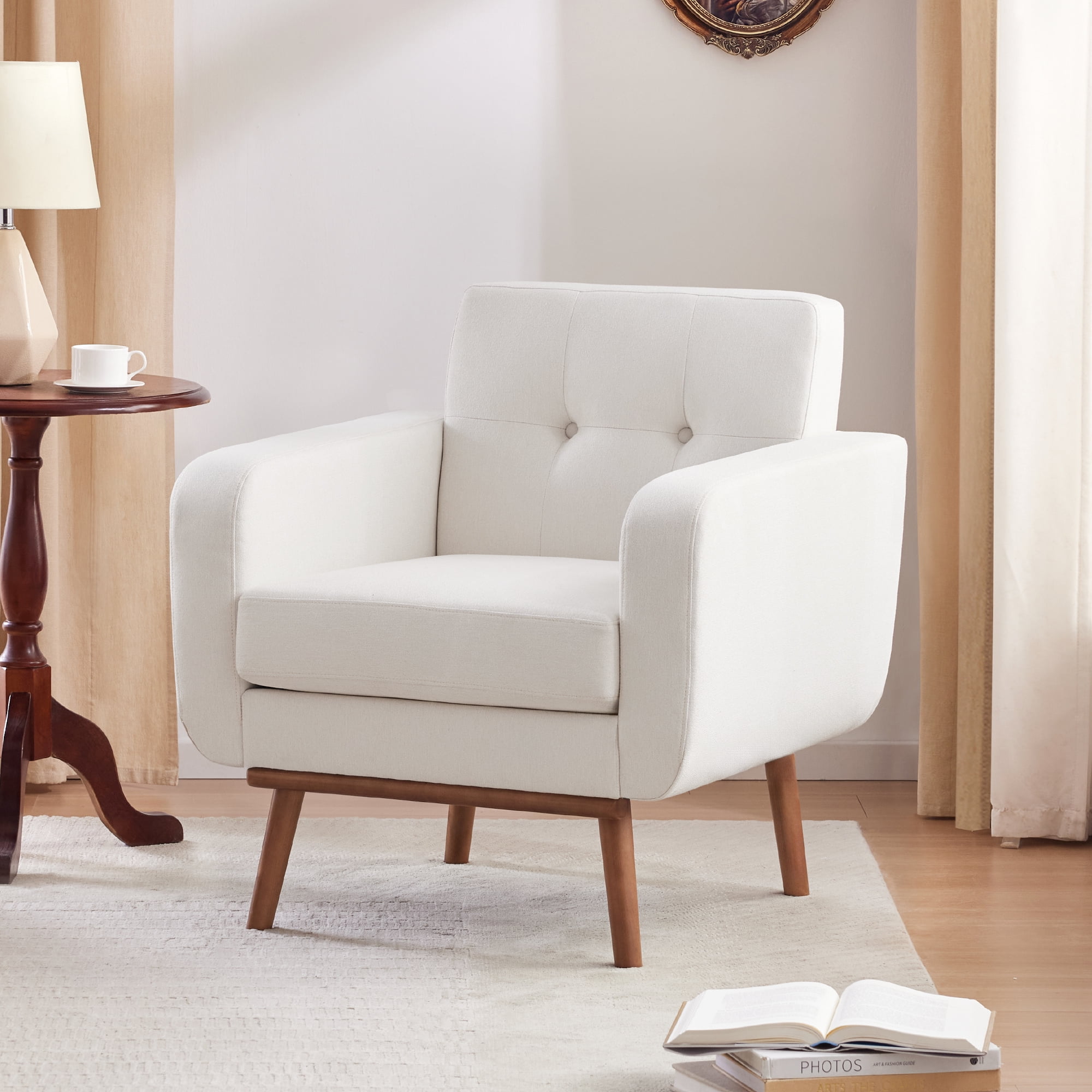 HUIMO Linen Fabric Accent Chair Mid Century Modern Arm Chair for Living Room Button Tufted Upholstered Armchair Comfy Reading Sofa for Bedroom Club