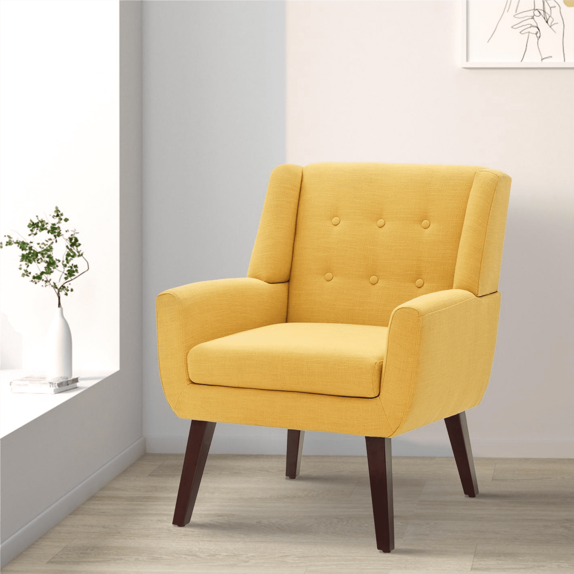 HUIMO Linen Fabric Accent Chair Mid Century Modern Armchair for Living Room Bedroom Button Tufted Upholstered Comfy Reading Chairs Sofa Yellow
