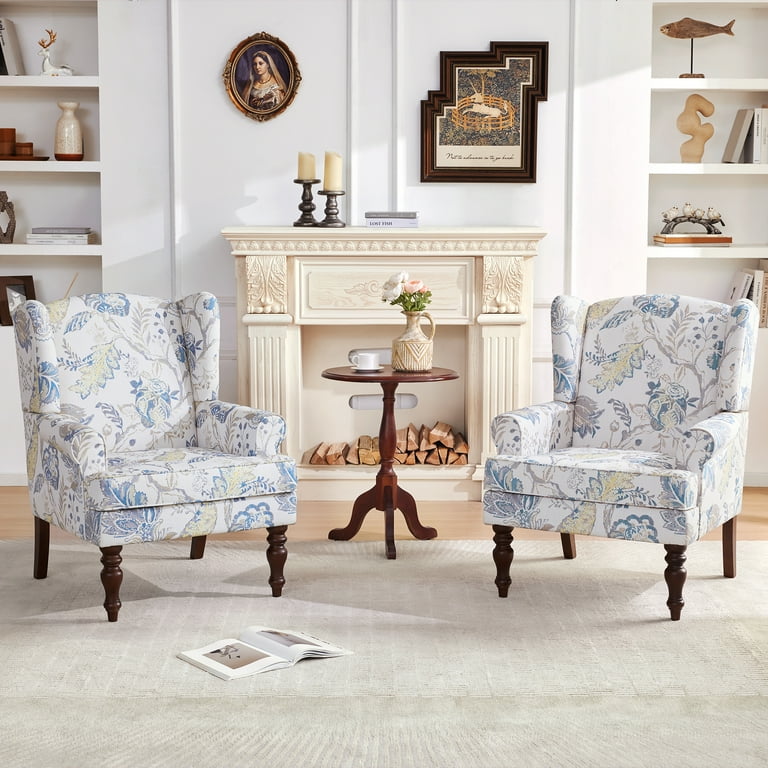 HUIMO Living Room Chair Set of 2 Upholstered Wingback Print Accent Chair Linen Mid Century Modern Armchair with Solid Wood Legs Bedroom Comfy