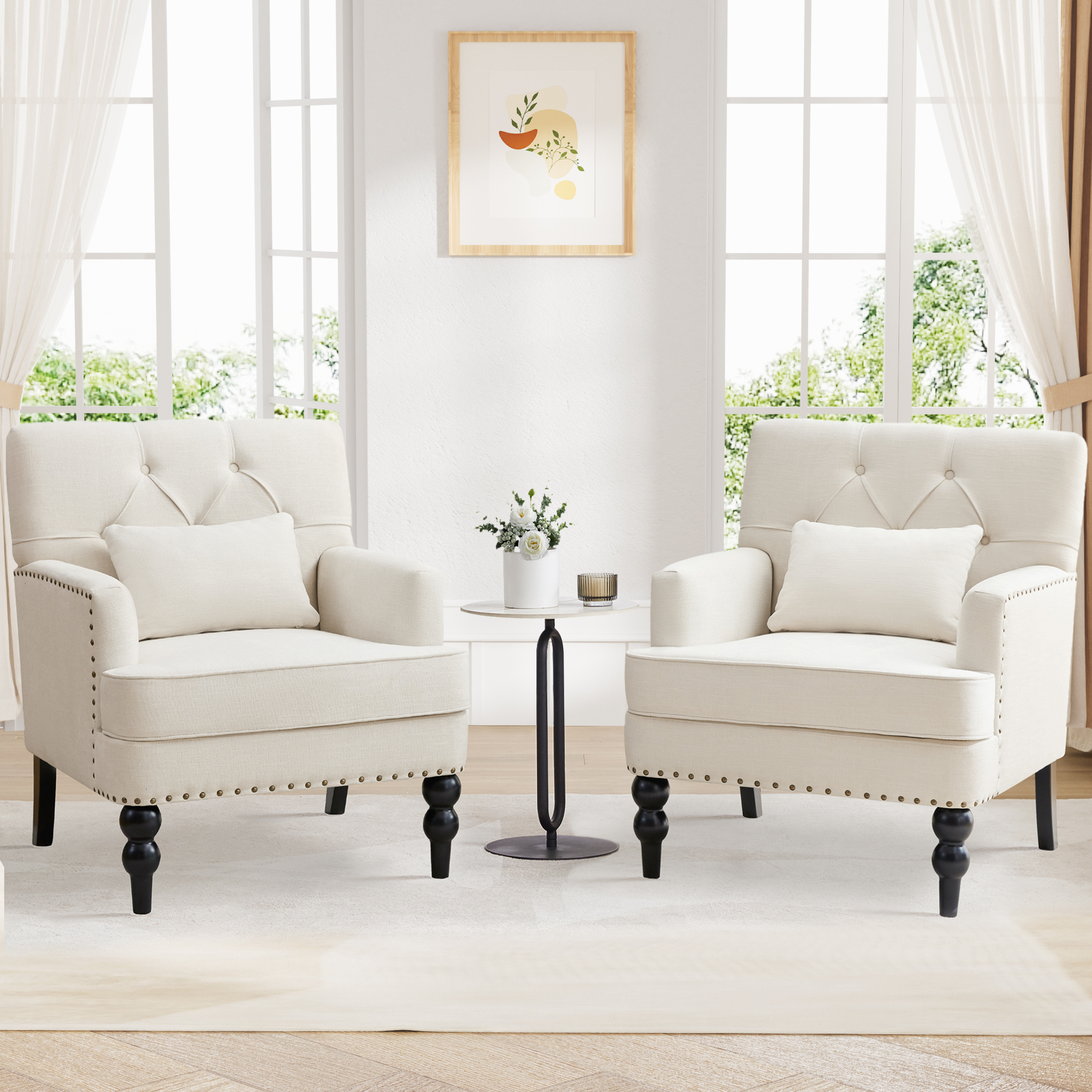 HUIMO Mid-Century Modern Accent Chairs Set of 2, Upholstered Living Room Chairs with Wood Legs, Comfy Club Sofa Reading Arm Chairs Side Chair for Bedroom (Beige)