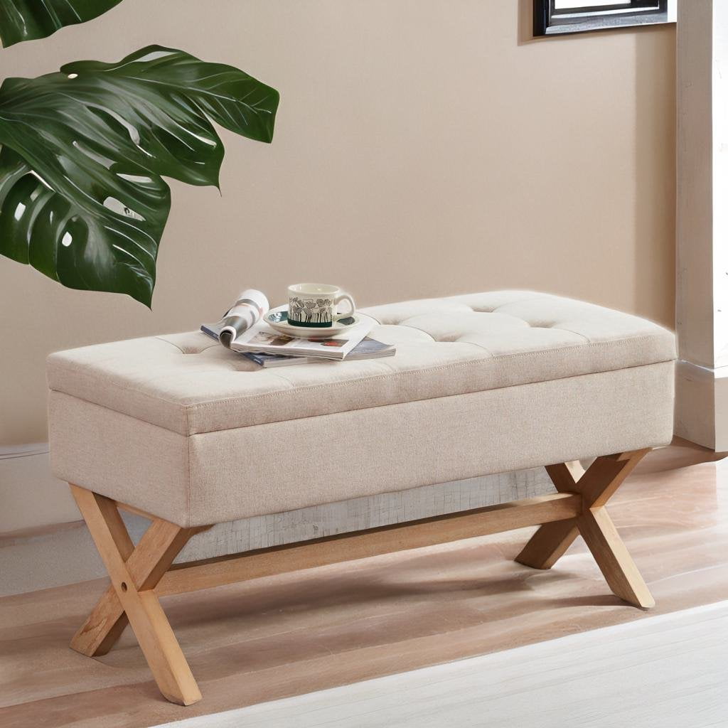 HUIMO Indoor Modern Wood Seat Storage Bench, 35" Upholstered Tufted