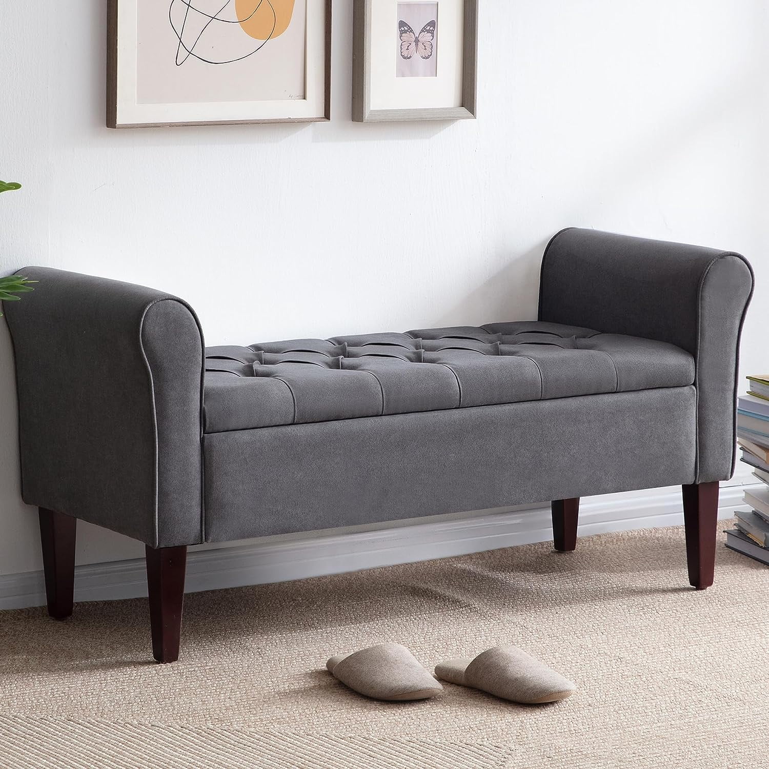 HUIMO Storage Bench for Bedroom End of Bed Bench Rolled Armed Linen Fabric Ottoman Couch Long Bench Entryway Bench with Storage Window Bench Gray