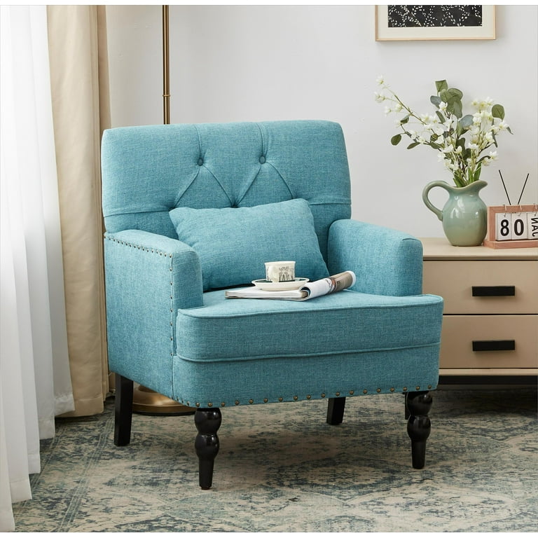 HUIMO Tufted Club Chair Accent Chair with Lumbar Pillow Upholstered Button Armchair Linen Fabric Comfy Sofa Chairs for Bedroom Living Room Teal