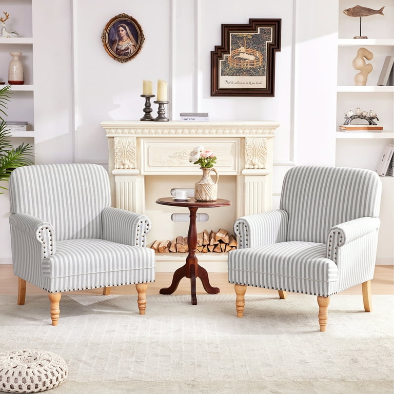 HUIMO Upholstered Accent Chair Set of 2 Linen Fabric Armchair Gray and White Stripe Woven Mid Century Modern Living Room Chair Single Sofa Chair for Living Room Bedroom 2 Stripe Gray Walmart