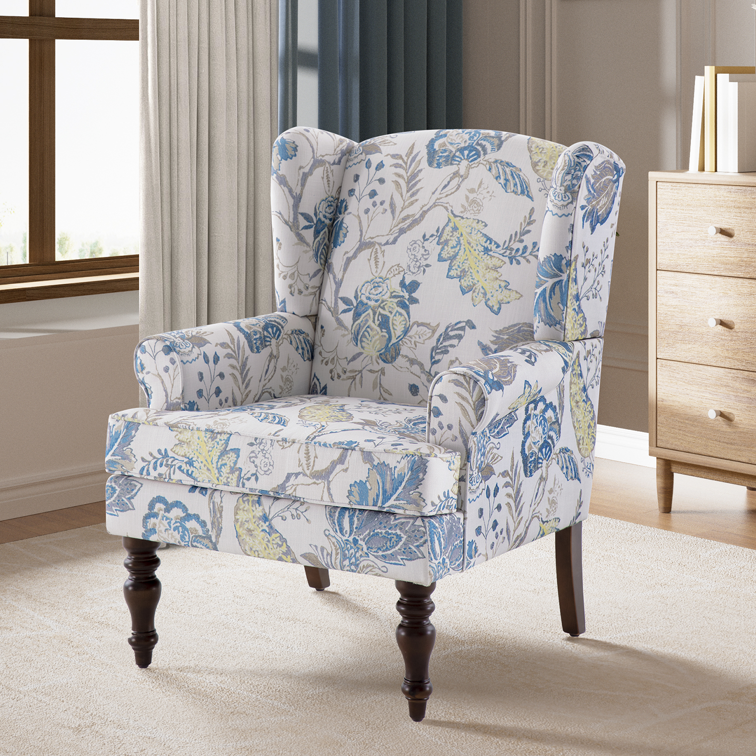 HUIMO Wingback Accent Chair for Living Room, Mid Century Modern Fabric Armchair with Wooden Legs, Upholstered High Back Single Sofa Padded Armrest Comfy Reading Chair (Blue Floral Pattern)