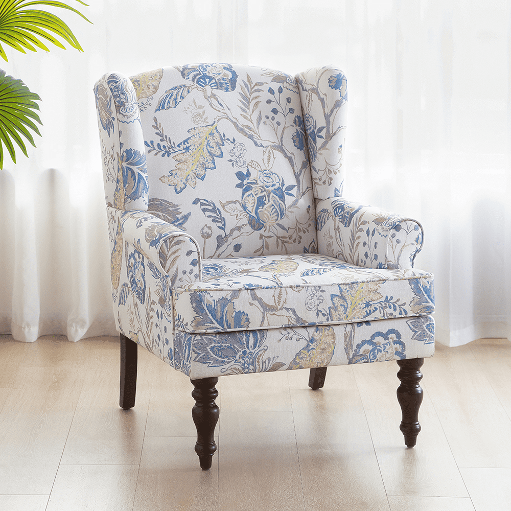 HUIMO Wingback Accent Chair, Upholstered Mid Century Modern Armchair with Solid Wood Legs, Fabric Linen Leisure Single Sofa Chair for Living Room, Bedroom, Comfy Reading Chair, Blue Floral Print