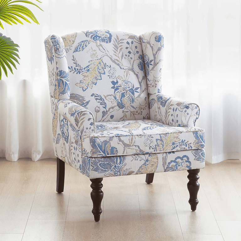 HUIMO Wingback Accent Chair Upholstered Mid Century Modern Armchair with Solid Wood Legs Fabric Linen Leisure Single Sofa Chair for Living Room